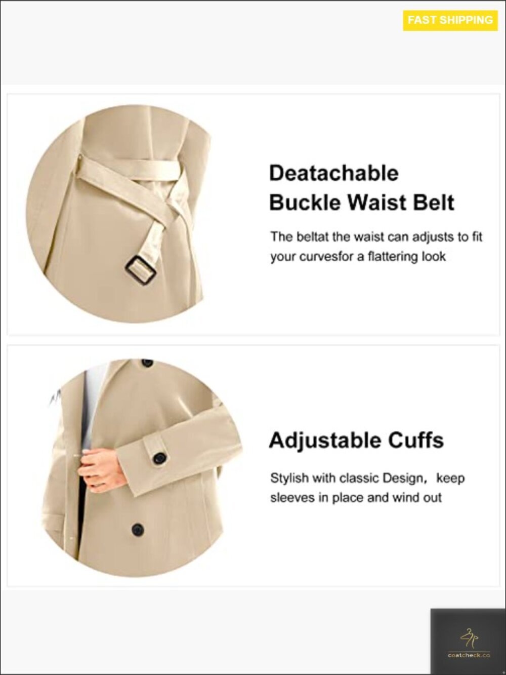 Long Waterproof Trench Coat Double Breasted Classic Lapel Detachable Hood - Picture 5 of 7